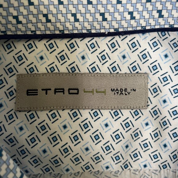 Etro long-sleeve button-up Cotton shirt White with Blue Squares-Sz. 44-XL - Picture 4 of 15